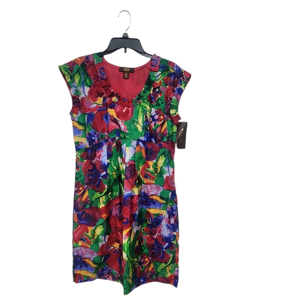 VICTOR ALFARO Floral Print Silk Blend‎ Dress Women Size 6 Cap Sleeve V-Neck